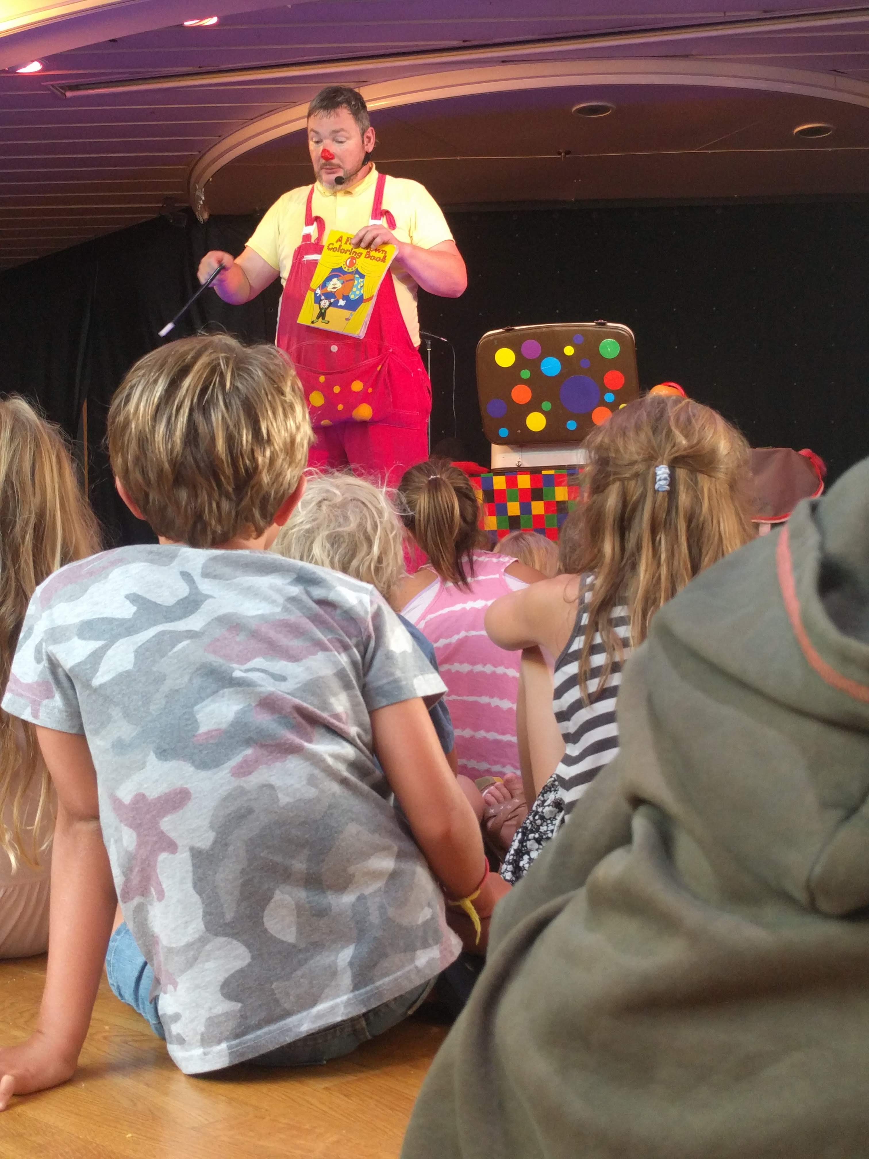 Curley Wurley Clown performing his stage show for some children onboard Brittany Ferries