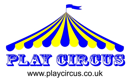 Play Circus Logo. Blue and Yellow Big Top Roof with website address. www.playcircus.co.uk